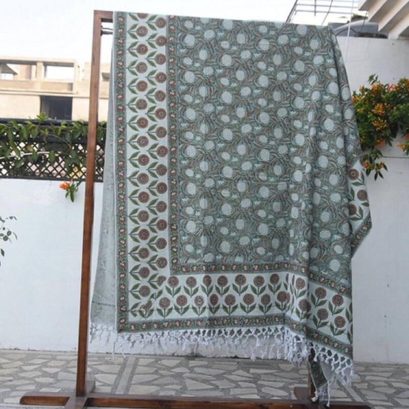 Fabdivine Meraki Handcrafted Cotton Bed Throw - Traditional Block Print Blanket for Bedroom & Living Spaces with Fringe, 90"x54"