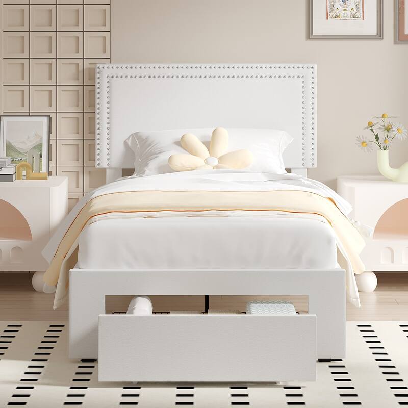 VECELO Upholstered Storage Bed Frames with 4 Storage Drawers, Platform Bed Frame with Adjustable Velvet Rivets Headboard - White - Twin