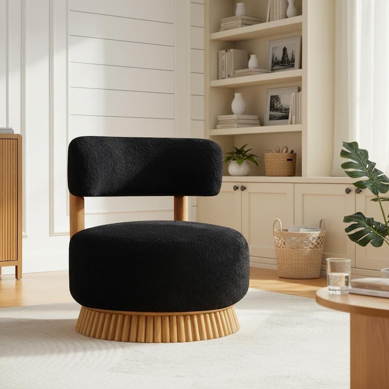 Modern Farmhouse Bouclé Armless Chair with Straw-Inspired Wood Base by Harper&Bright Designs - Black