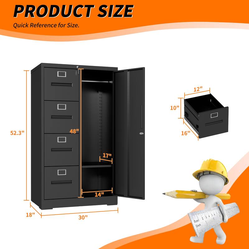Metal Storage Vertical Filing Cabinet with Lock, Steel File Locker with 4 Drawers and 1 door for School, Living Room