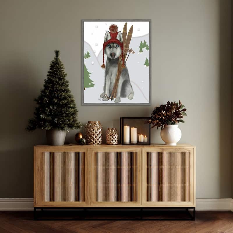 Husky Skiing by Fab Funky (23 x 28 in.), Framed Canvas Wall Art Print - Sylvie Greywash