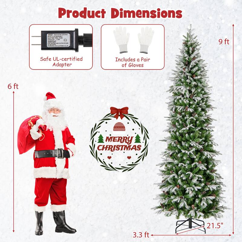 Gymax 6/7.5/9 FT Pre-Lit Artificial Christmas Tree Snow Flocked Hinged