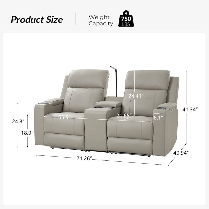 Victoria 71.26" Wide Genuine Leather Home Theater Seating with Ambient Lighting and Storage by HULALA HOME