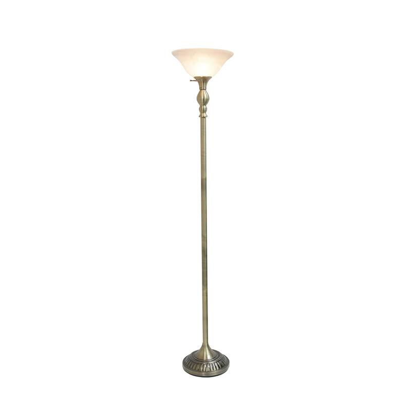 LF2001-ABS 1 Light Torchiere Marbleized White Glass Shade Floor Lamp, Antique Brass