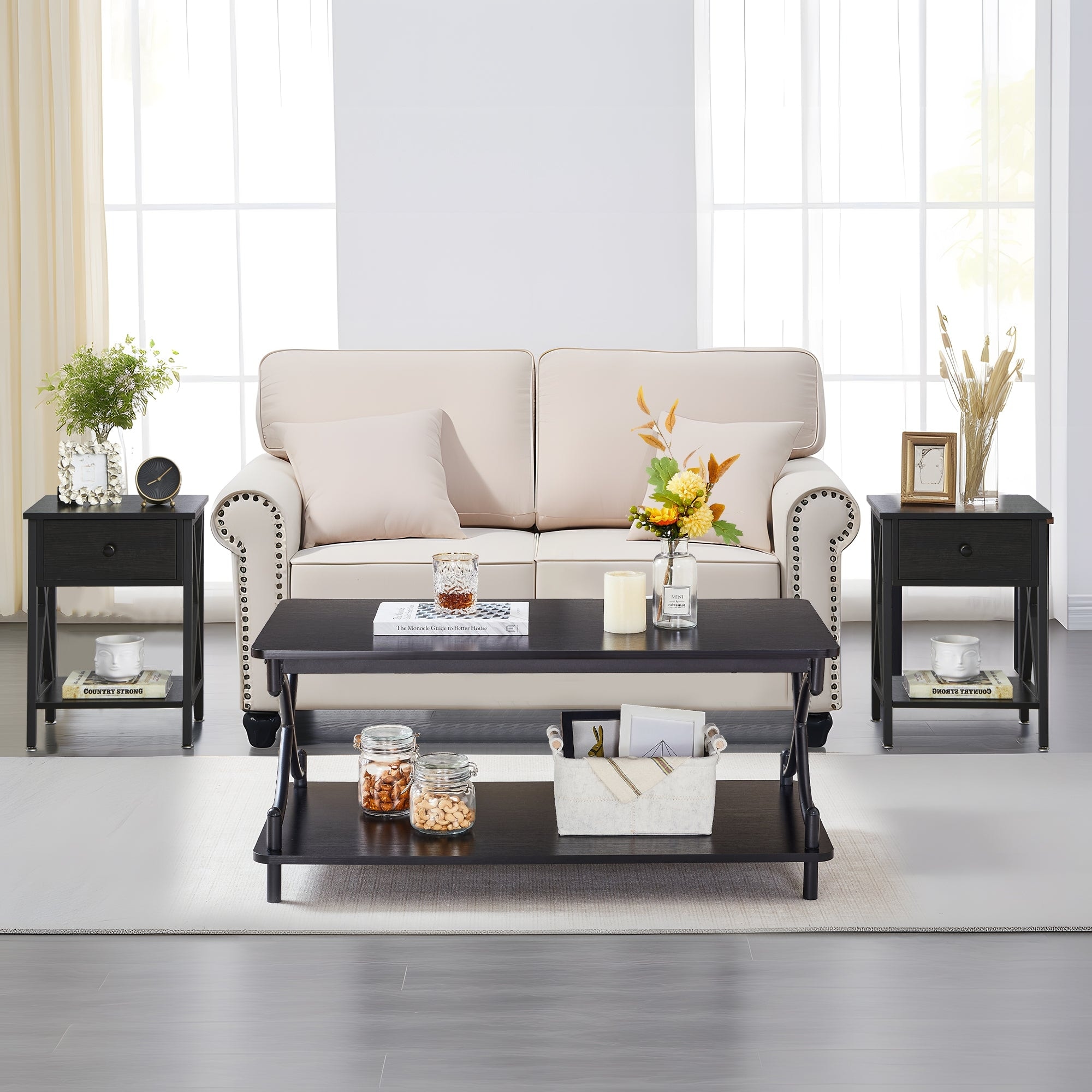 Javlergo Modern 3 Piece Coffee Table Set for Living Room Includes Wood Coffee Table and End Table Set
