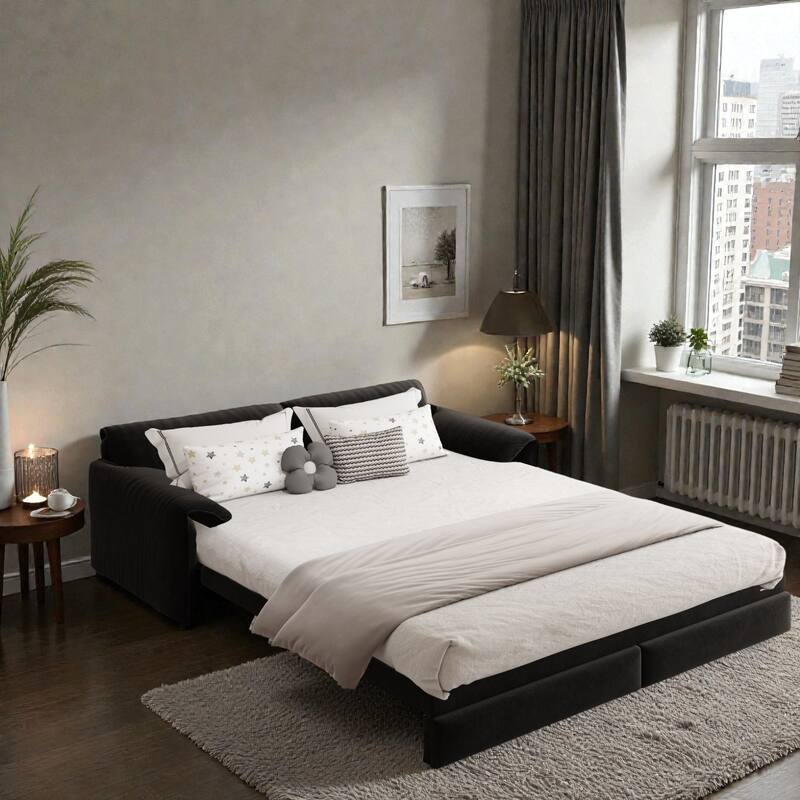 66" Pull Out Sofa Bed, 3-in-1 Convertible Queen Sleeper Sofa with Side Storage, Velvet Loveseat for Living Room Apartment