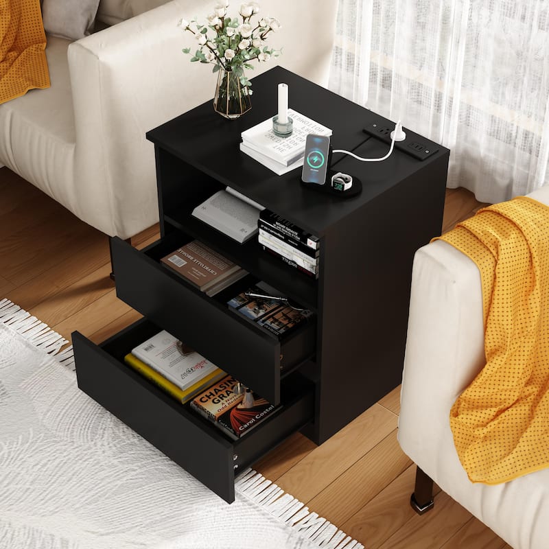 End Table with Fast USB C Charging Station, Sofa Side Table with 2 Drawers, Large Storage Modern Wood Storage Cabinet