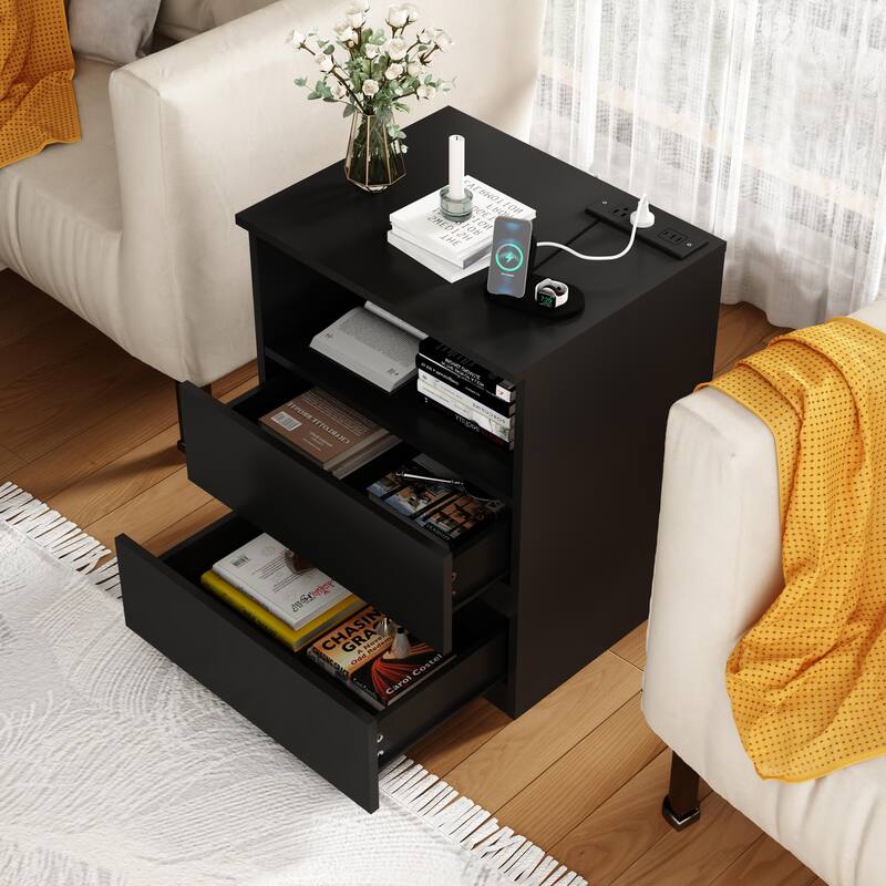 Nightstand with Charging Station, Sofa Side Table with Open Shelves & 2 Drawers, Large Capacity Wood Storage Cabinet
