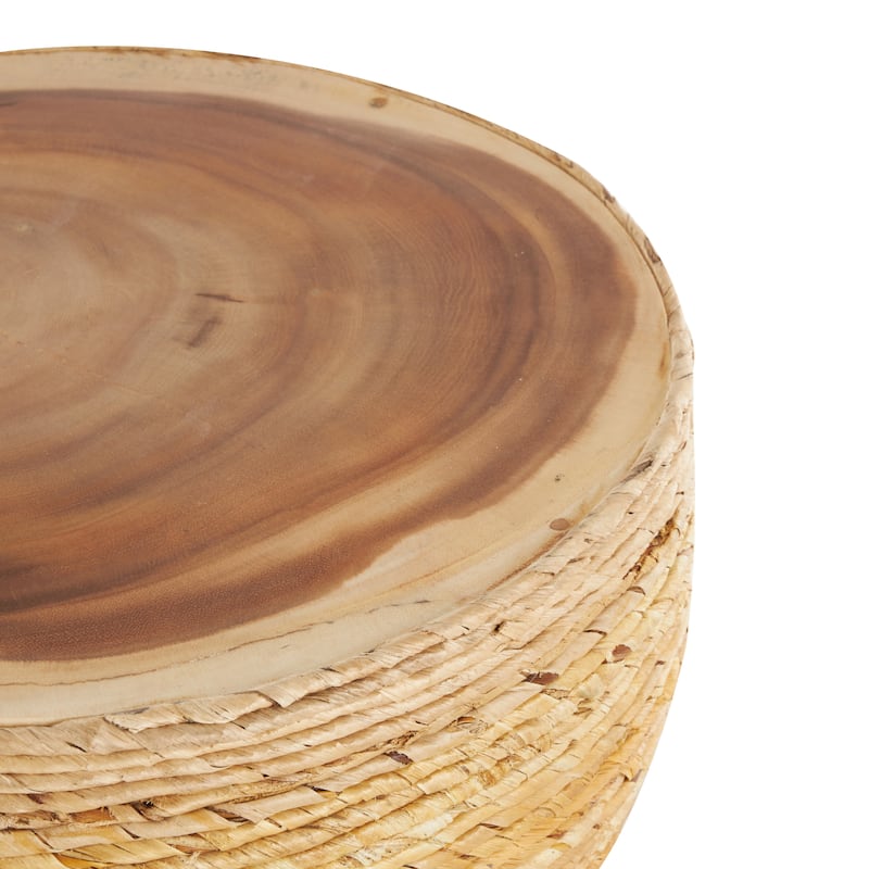 Banana Leaf Handmade Woven Accent Table with Wooden Tabletop - Light Brown - Roche River Decor