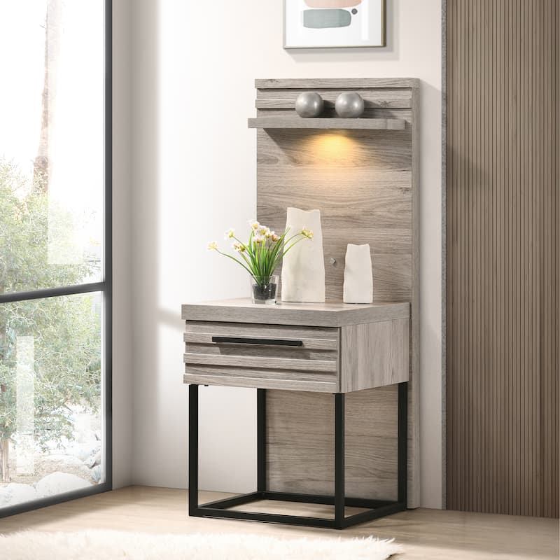 Roundhill Furniture Alvear Wallbed Bed with White LED Lights, Dresser, Mirror, and 2 Nightstands, Weathered Gray
