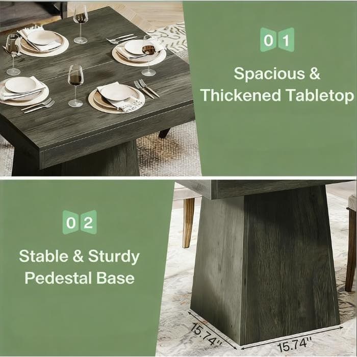Square Dining Table for 4, Wood Kitchen Table with Thick Tabletop & Pedestal Base, Coffee Table Home Office Table