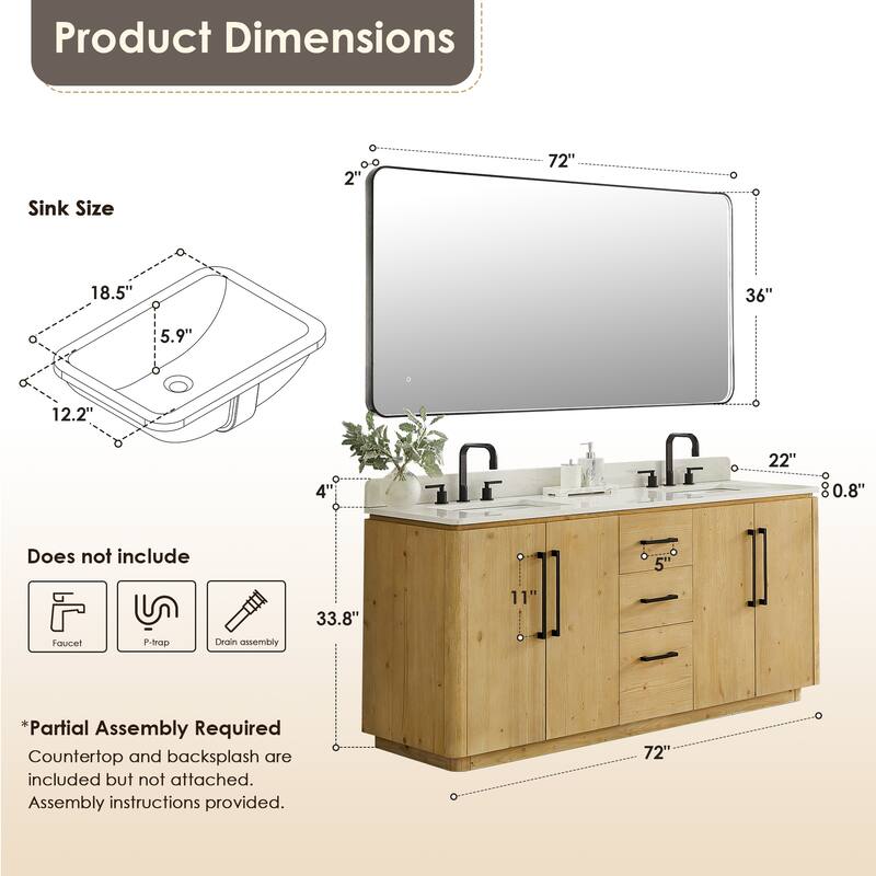 Serene Bathroom Vanity in Nature Brown with Grain White Engineered Stone Countertop with Mirror