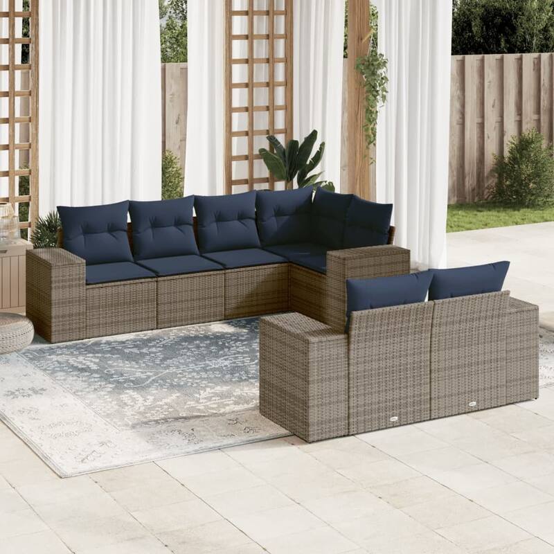 vidaXL 7 Piece Patio Sofa Set with Cushions Brown/Gray Poly Rattan - 24.4 x 24.4 x 27.2