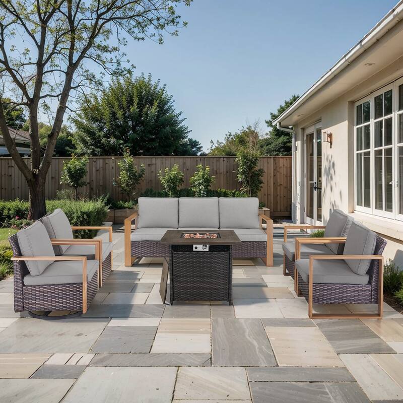 Pocassy Outdoor 30" Fire Pit Table with Sofa Swivel Chair Set - Brown Wicker Gray Cushion - 6-Piece Sofa Chair with Fire Table