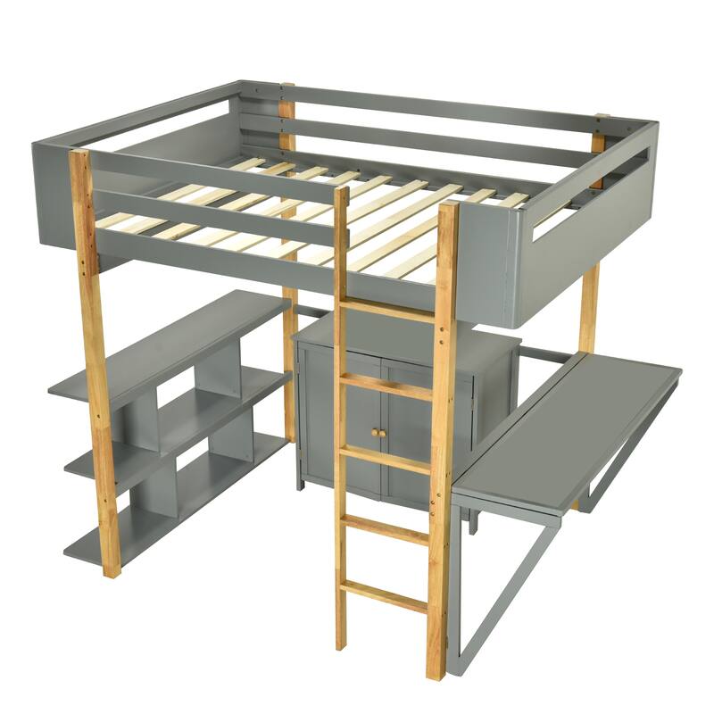 Space-Saving Twin Size Wooden Loft Platform Bed Frame with Storage Cabinet and Foldable Desk, Modern and Stylish for Bedroom