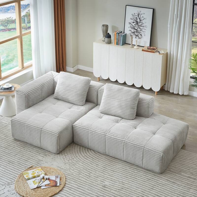 Modular Compressed Couch, Corduroy L-shaped Sectional Sofa with Chaise - Grey