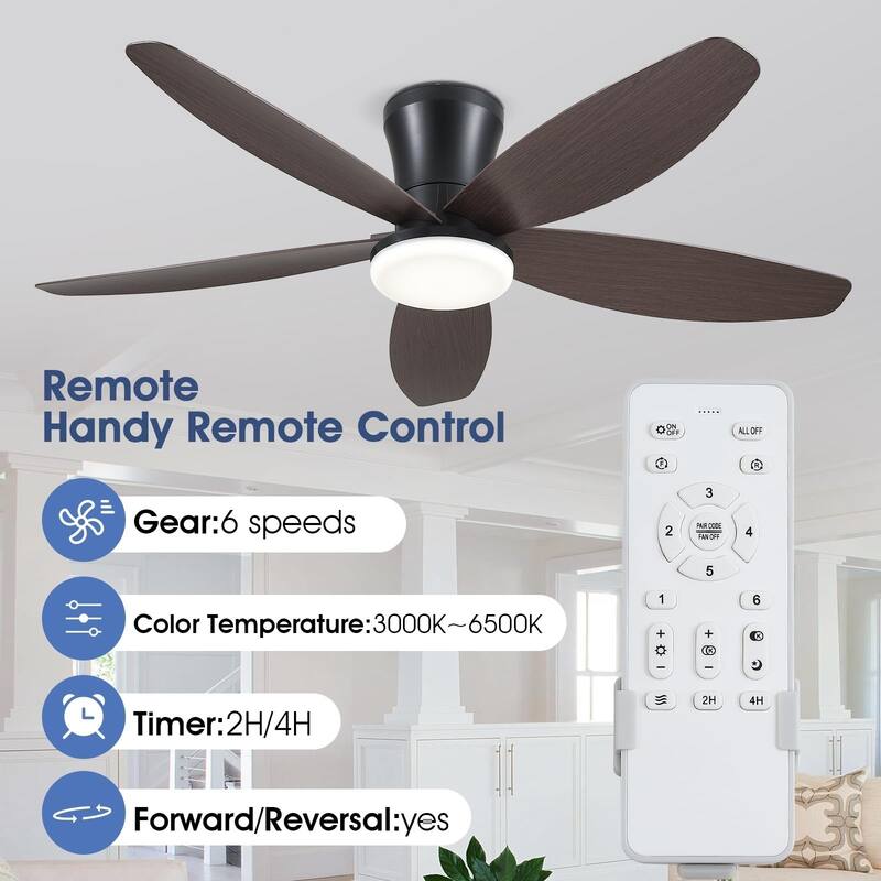 36"/42"/48" Low Profile Ceiling Fan with ABS Blades 3 Color LED Flush Mount for Bedroom Living Room APP and Remote Control