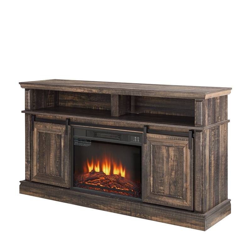 Antique Brown Modern TV Stand with Built-In Fireplace & Sliding Door Storage, 58" Wide Entertainment Console