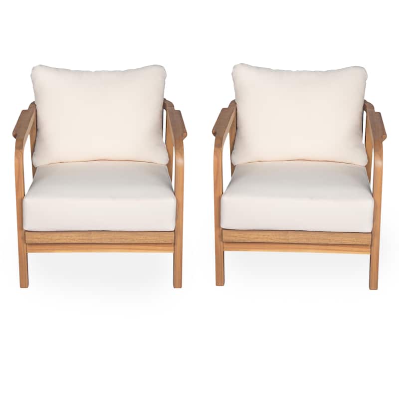 [Set of 2] 28" Outdoor Lounge Chair with Woven Backrest,Solid Wood Frame,Comfortable Cushions,Curved Armrests