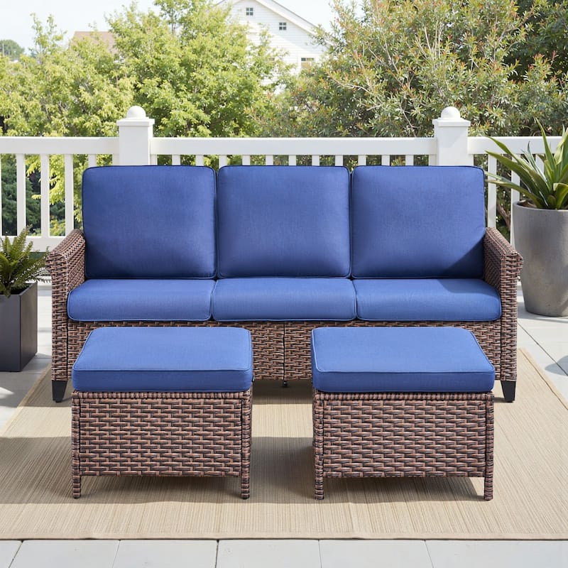 Pocassy Outdoor Sofa Swivel Chairs Patio Chair Funiture Set - 3PCS Sofa w/  Ottoman - Brown Wicker Beige Cushion