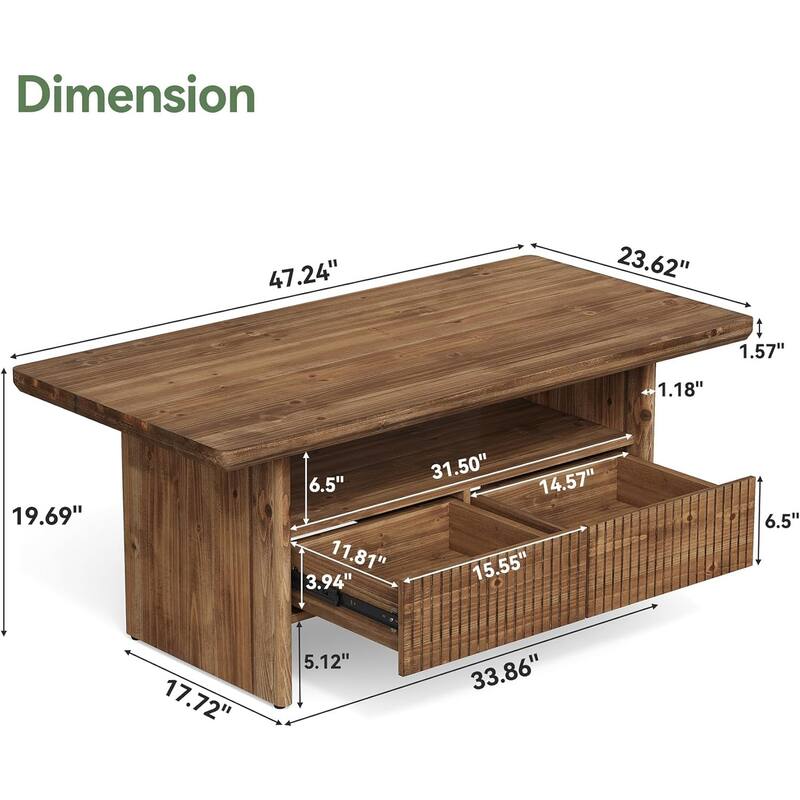 Solid Wood Coffee Table with 2 Drawers Storage, 47" Center Table for Living Room - 47.24" L x 23.62" W x 19.69" H