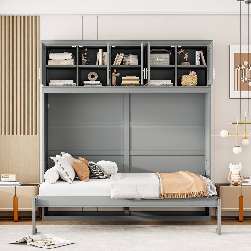 Gray Full Size Multi-function Murphy Bed with Top Cabinets for Apartments