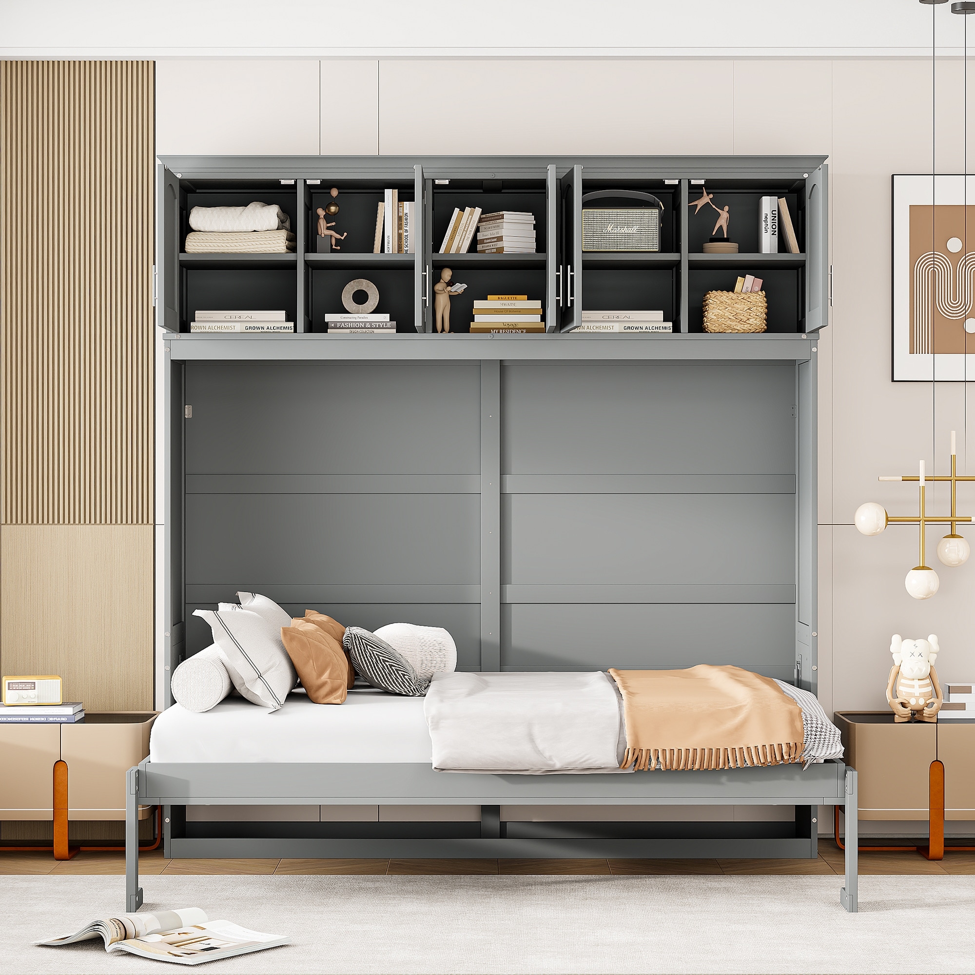 Wooden Murphy Bed Hidden Wall Cabinet Bed with Top Storage Cabinet, Foldable Platform Bed Chest with Wood Slat Support