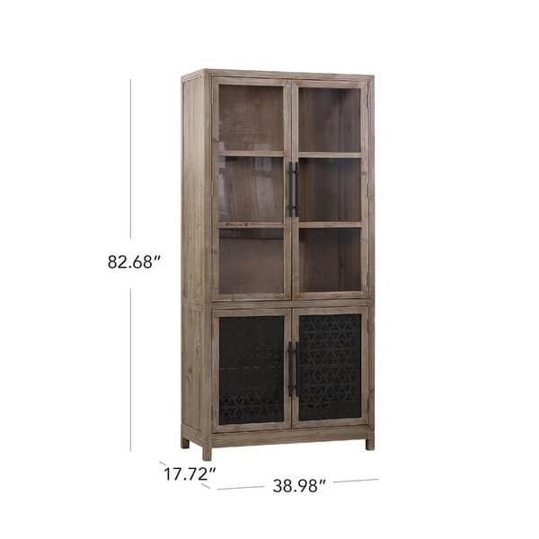 Spruce & Spring Vintage Rustic Solid Wood Tall Display Cabinet, Natural Wood Glass Door Storage Cabinet
