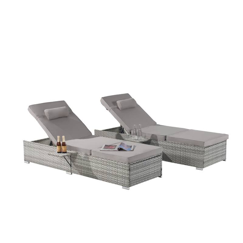 Outdoor Chaise Lounge Chair Set of 2 with Storage Patio Pool Chairs Tanning Lounges for Outside, Beach Rattan Recliners