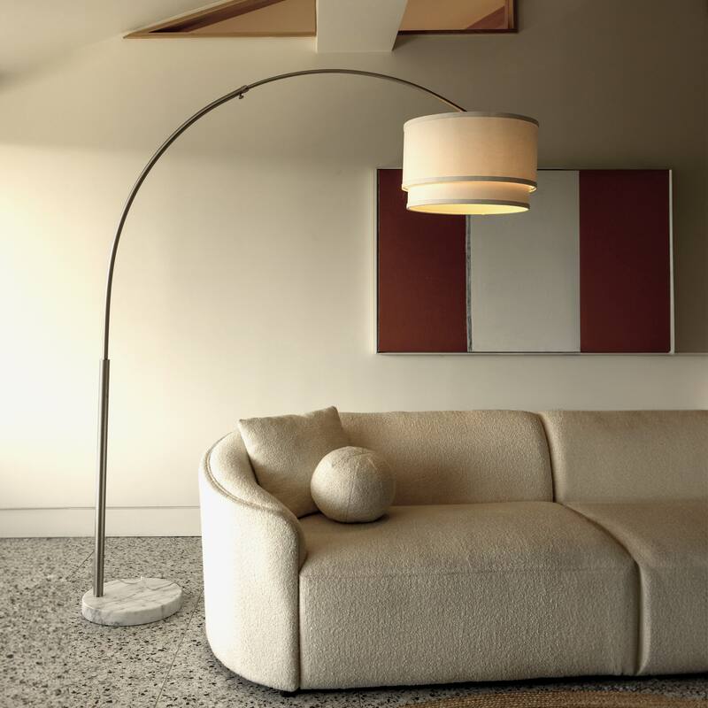 Brightech Mason 81 in. Brushed Nickel Modern Adjustable and Extendable LED Floor Lamp with White Fabric Drum Shade