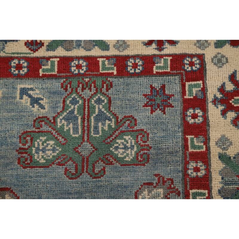 Blue Geometric Kazak Area Rug Hand-Knotted Wool Carpet - 4'11" x 6'4"