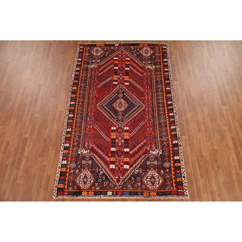 Geometric Red Shiraz Persian Vintage Area Rug Handmade Wool Carpet - 5'6" x 9'1"