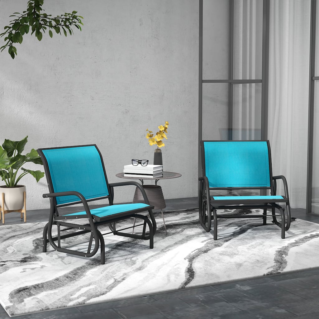 Blue Dark Grey Steel Mesh Patio Glider Chairs Set of 2 with Armrests - 26" W x 27.6" D x 33.5" H