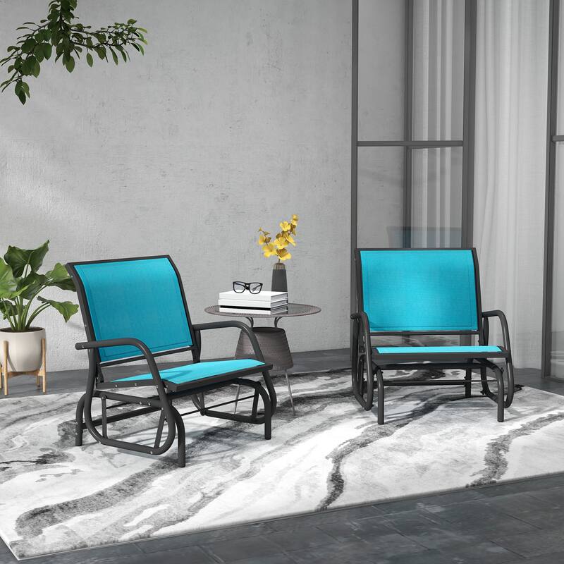Porch Glider Set of 2, Metal Frame Swing Glider Chairs with Breathable Mesh Fabric, Curved Armrests and Steel Frame for Garden