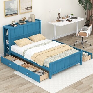 Full Size Platform Bed with Drawers and Storage Headboard, Wood Bed Frame with Wooden Slat Support, No Box Spring Needed, Blue
