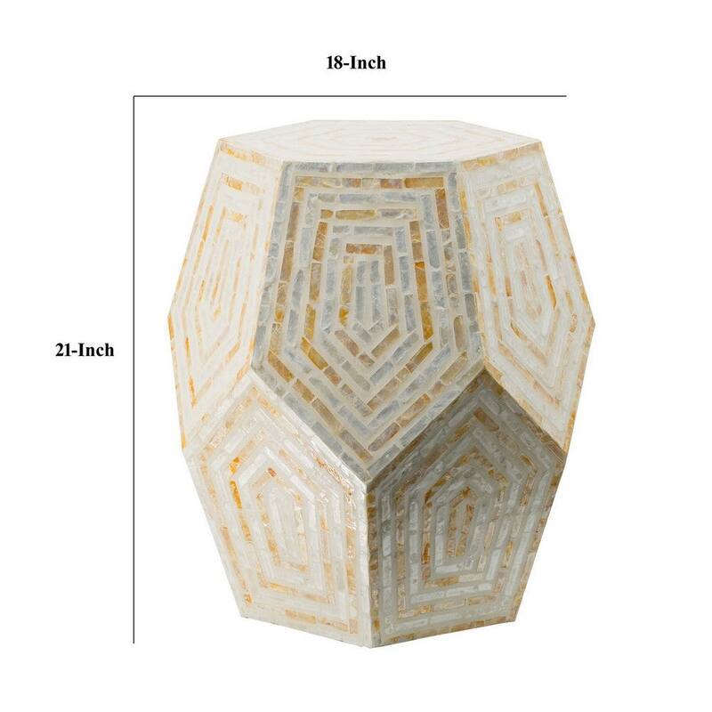 21 Inch Capiz Accent Stool Table, Hexagonal Drum, Angled Look, Beige White - 20.9 H x 18.1 W x 18.1 L
