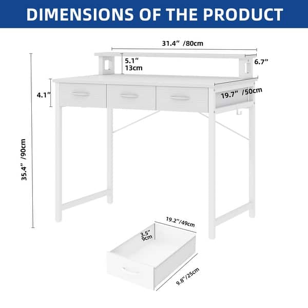 dimension image slide 1 of 4, Moasis Small Computer Desk with Fabric Drawers and Monitor Stand