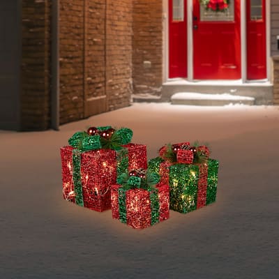 Set of 3 LED Lighted Red and Green Glitter Threaded Gift Boxes Outdoor Christmas Decoration - 10"