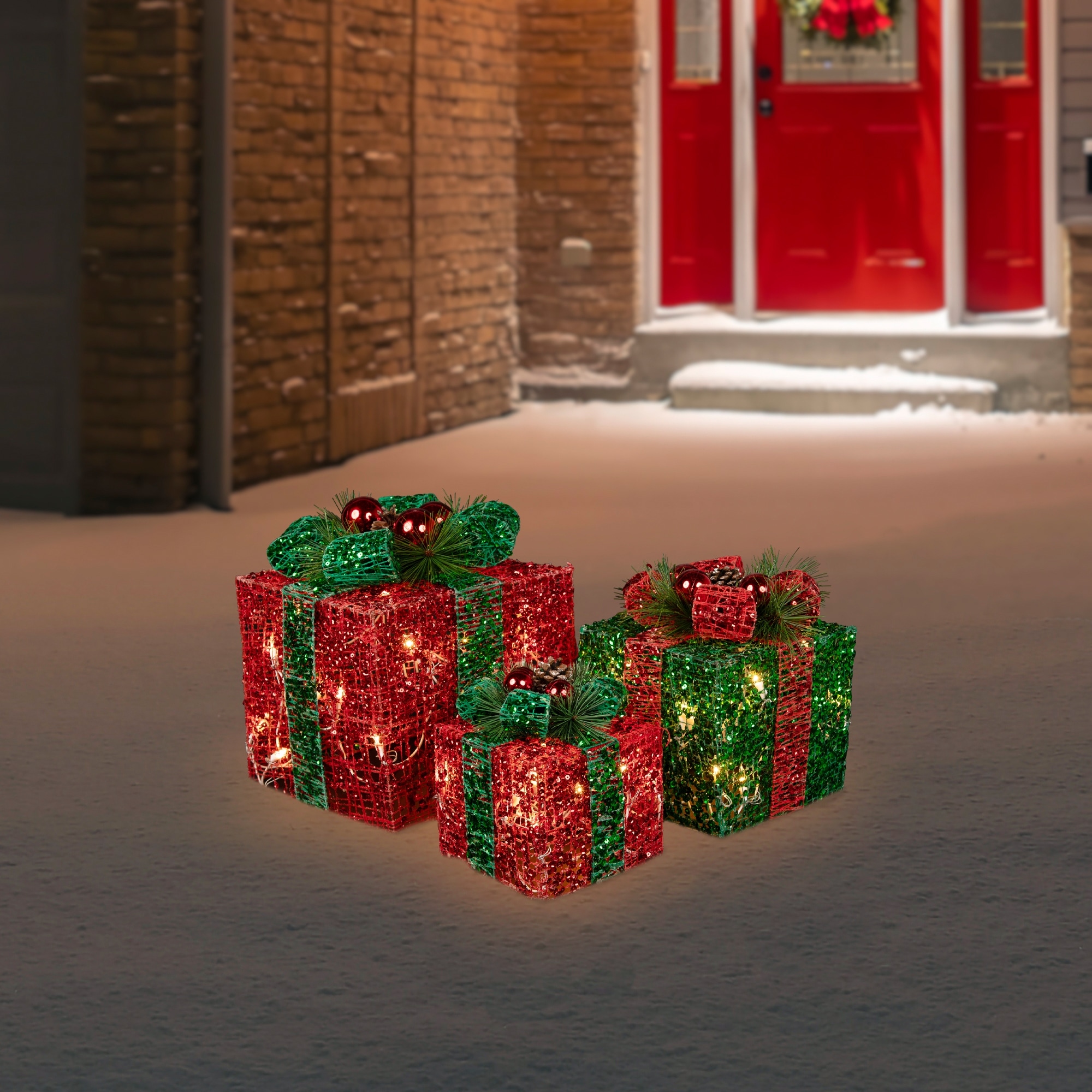 Set of 3 LED Lighted Red and Green Glitter Threaded Gift Boxes Outdoor Christmas Decoration - 10"