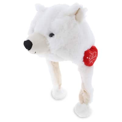 DolliBu I LOVE YOU Super Soft Plush Polar Bear Hat with Red Heart - 16 inches long