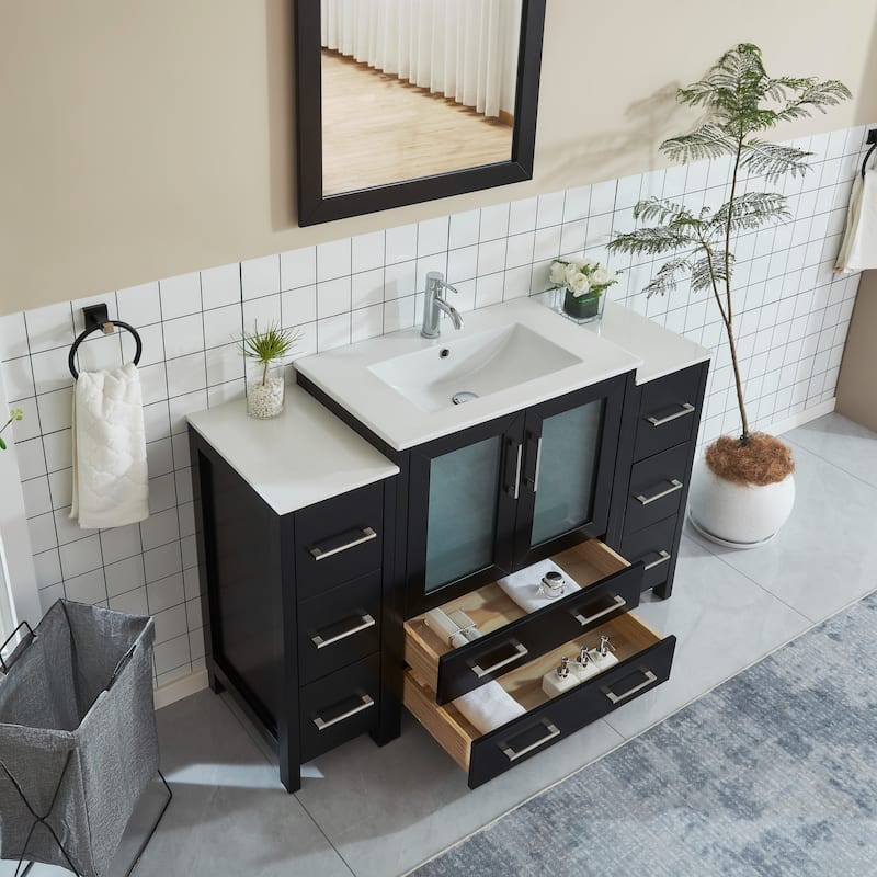 Vanity Art 54 Inch Single Sink Bathroom Vanity Set 8 Dove-Tailed Drawers 3 Cabinets 1 Shelf, Soft-Closing Doors with Free Mirror