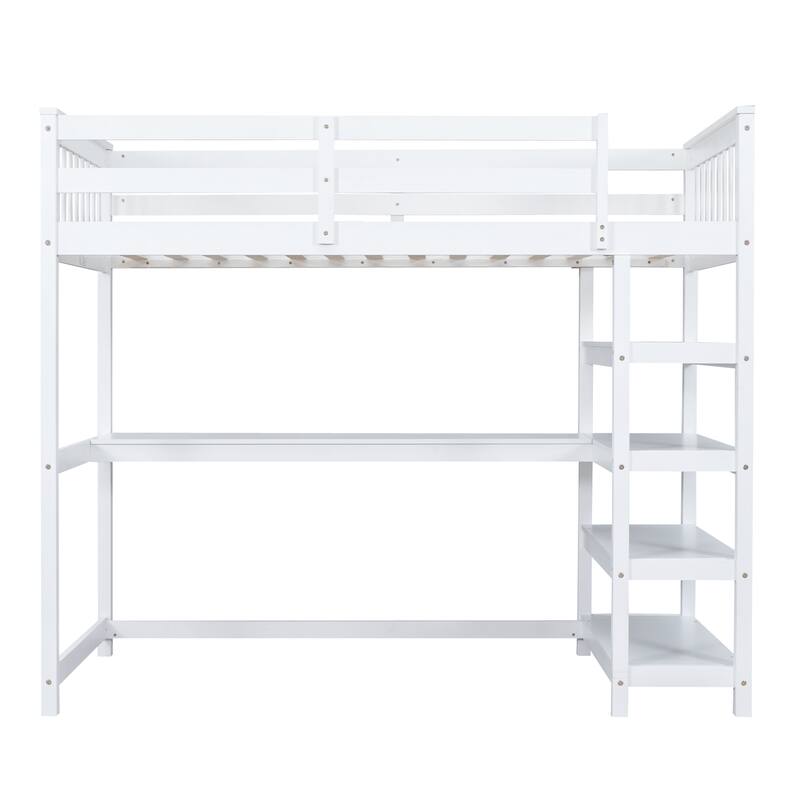 Twin Size Loft Bed with Storage Shelves and Under-bed Desk in White