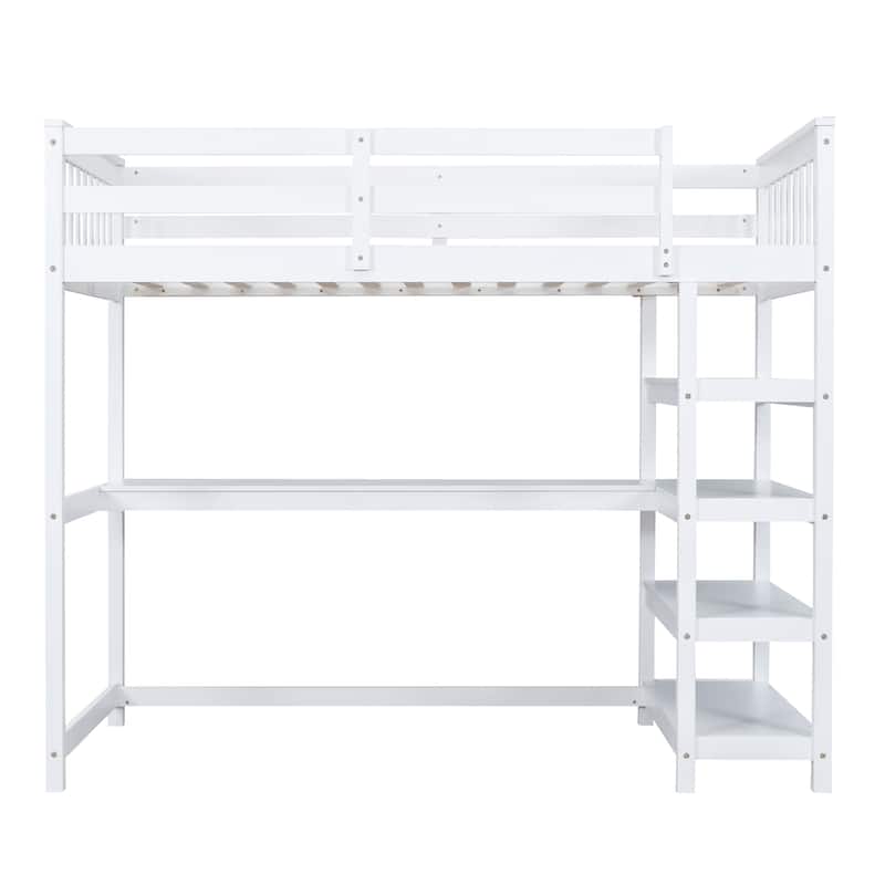 Twin Size Pine Loft Bed with Storage Shelves and Under-Bed Desk