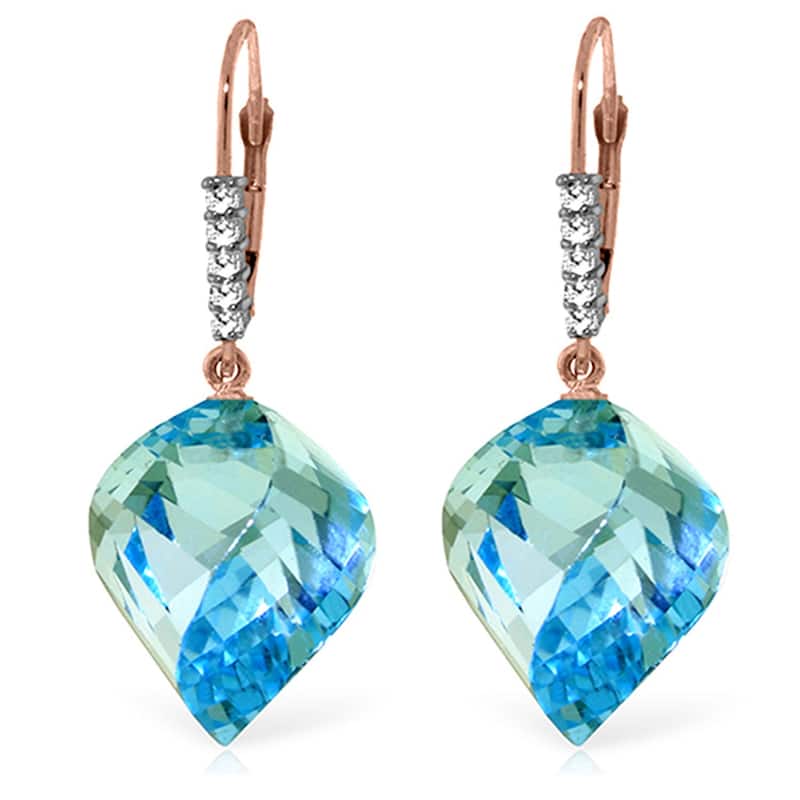 28 Carat 14K Solid Gold Earrings Diamond Briolette Blue Topaz - Rose