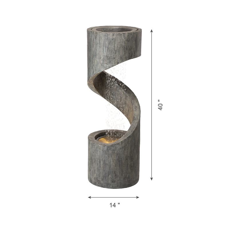 Glitzhome Modern Minimalist Spiral LED Polyresin Outdoor Fountain with Small Planter - Grey - 40-inch