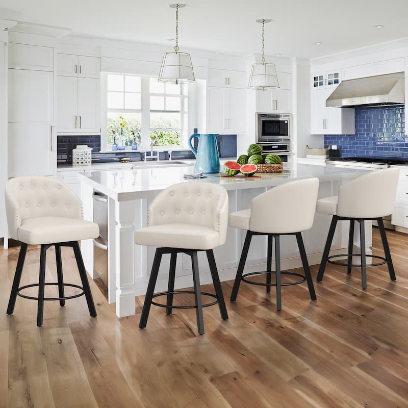 LUE BONA 26" Swivel Counter Height Swivel Bar Stools Set of 4 Upholstered Counter Stools - 26" H - White/Leather