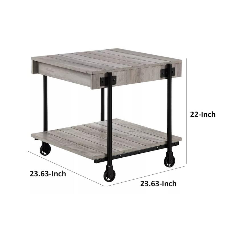Loak 24 Inch Side End Table, Plank Design, Caster Wheels, Brown, Black