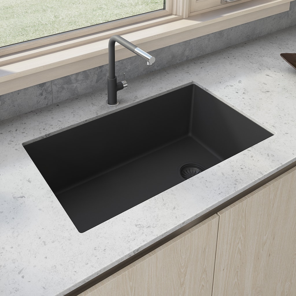 Ruvati 32 x 19 inch epiGranite Undermount Granite Composite Single Bowl Kitchen Sink - Midnight Black - RVG2033BK