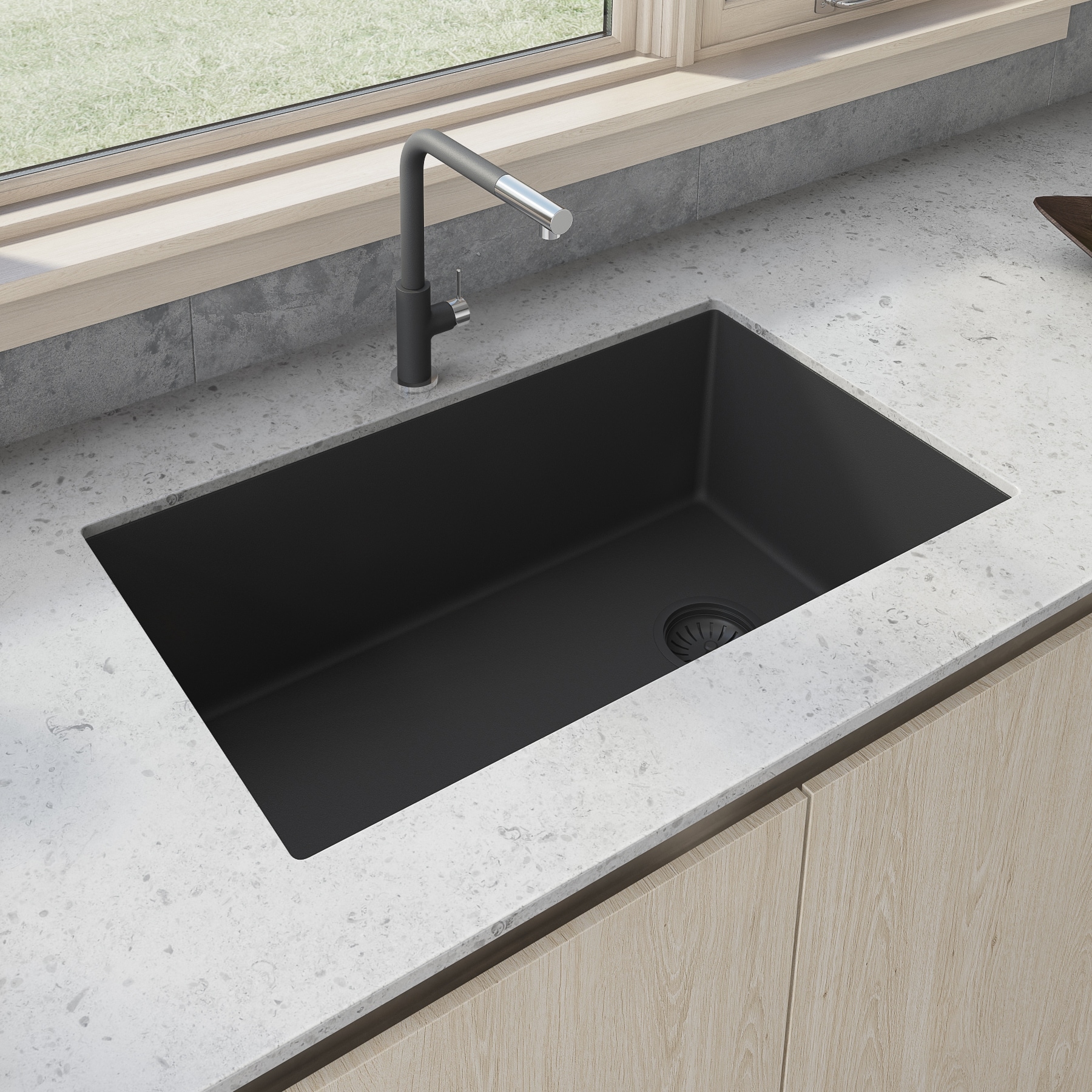 Ruvati 32 x 19 inch epiGranite Undermount Granite Composite Quartz Single Bowl Kitchen Sink - Midnight Black - RVG2033BK