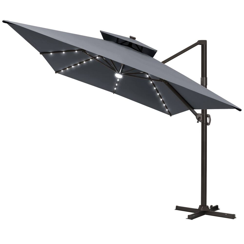 Pellebant Outdoor 10x13FT Patio Cantilever Umbrella Dual Top Lar Lighted